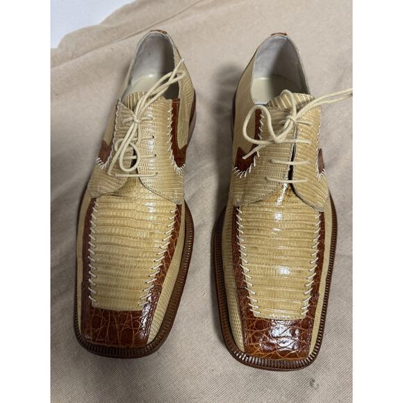 David Eden Shoes Mens Size 9 Tan Brown Genuine Lizard Crocodile Handmade Oxford